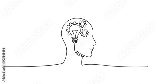 Continuous line drawing of a human head in profile, featuring a bright light bulb and gears inside, symbolizing creativity, thought, and problem-solving in a minimalist abstract style