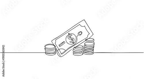 Continuous line drawing of a dollar bill leaning on two stacks of coins, illustrating financial growth and savings in a minimalist black and white style