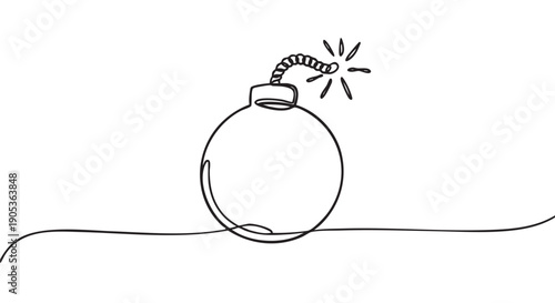 Simple continuous line drawing of a round bomb with a lit fuse, depicted in a minimalist and abstract style, conveying a sense of urgency and impending action