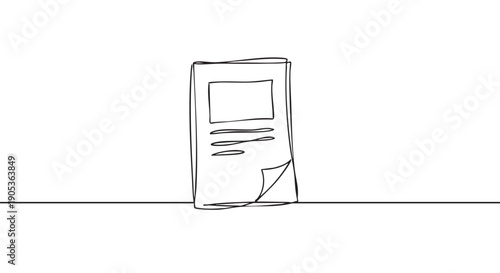Minimalist continuous line drawing of a folded brochure or document, standing upright with a subtly curled page corner, rendered in a clean, artistic, and abstract style