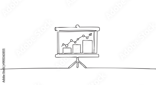 Simple hand-drawn projector screen displaying an upward trending bar chart and line graph, rendered in a minimalist black and white continuous line art style