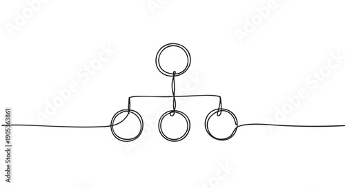 Single line hand drawn organizational chart illustrates a hierarchical structure with one main node connected to three subordinate nodes, presented in a minimalist and conceptual doodle style