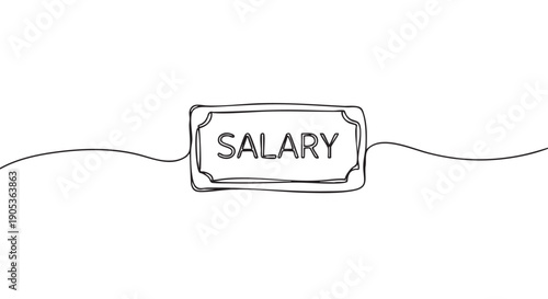 Minimalist continuous line drawing illustrates a rectangular label with the word "SALARY" clearly written inside, symbolizing income and financial compensation