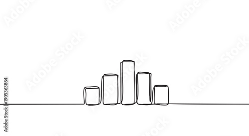 Continuous line drawing of a bar graph showing five rising and falling columns, depicted in a simple, minimalist hand-drawn style, illustrating data visualization and progress