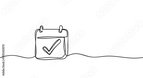 Simple continuous line drawing calendar icon with a checkmark inside, symbolizing task completion, scheduling, or important dates in a minimalist style