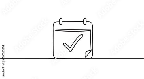 Simple continuous line drawing of a calendar icon with a prominent checkmark, representing successful task completion or important scheduled events in a minimalist style