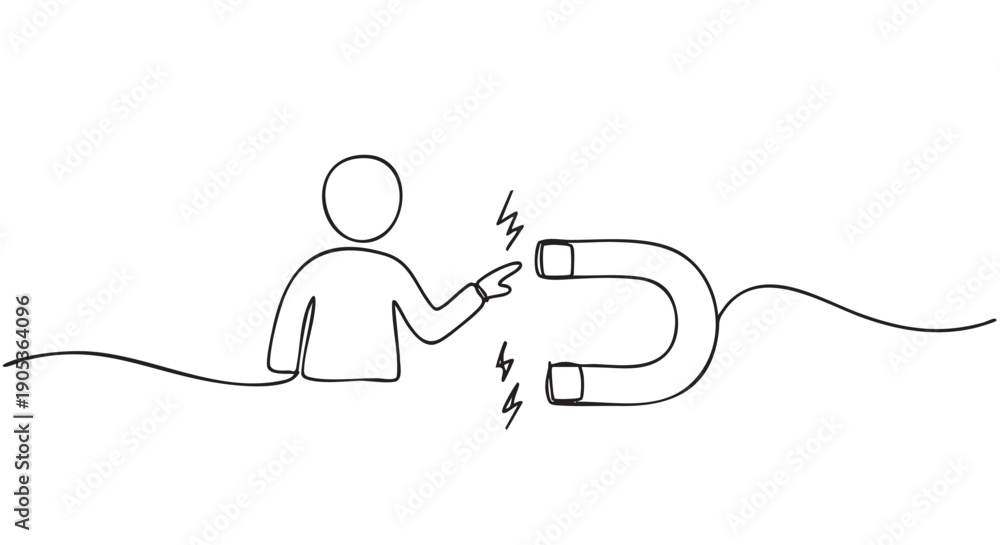 Obraz premium Simple continuous line drawing depicts a stick figure person pointing towards a U-shaped magnet with lightning bolts symbolizing attraction and influence