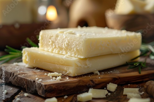 Two thick slices of delicious cheese sit on a wooden cutting board, garnished with rosemary, creating a rustic and inviting scene