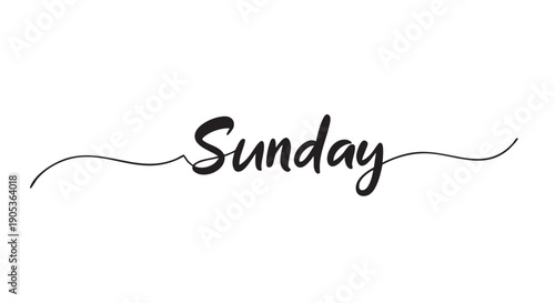 Stylish black handwritten calligraphic word Sunday is elegantly displayed with decorative flourishes, conveying a relaxed and pleasant weekend mood