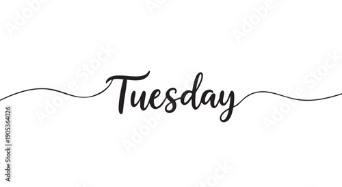 Elegant black script font rendering of the word 'Tuesday' is presented with decorative wavy lines extending horizontally, conveying a clean and stylish calendar or scheduling concept