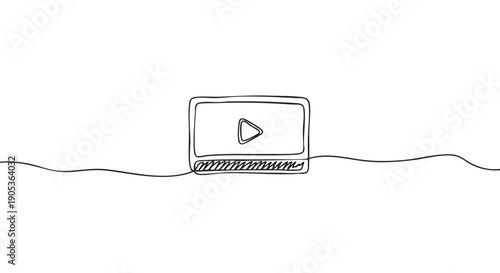Minimalist continuous line drawing of a laptop computer with a play button on its screen, rendered in a simple, elegant black-on-white hand-drawn style