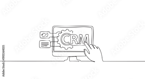 Continuous line drawing of a computer monitor displaying CRM software with a gear icon, being touched by a human hand, representing customer relationship management technology and business solutions