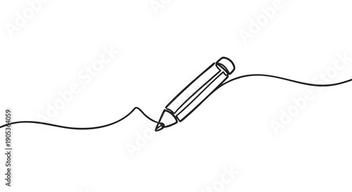 Minimalist black continuous line drawing pencil creates a wavy artistic stroke, illustrating creativity, education, and design concepts with simple elegance