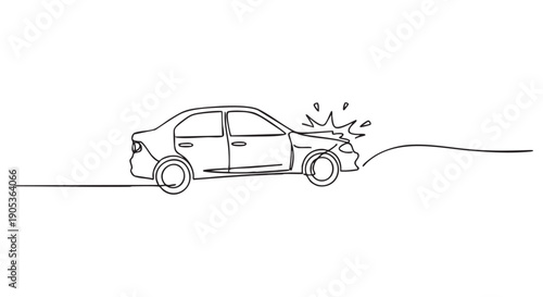 Minimalist continuous line drawing illustrates a sedan car involved in an accident, featuring a visibly crumpled front end and an impact burst graphic