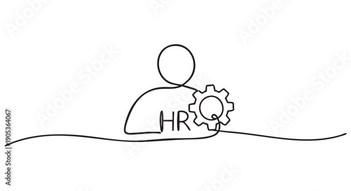 Continuous line drawing depicts a minimalist human figure connected to a gear with the letters HR, symbolizing human resources management and organizational processes in a simple, conceptual style