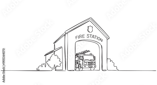 Continuous single line drawing of a fire station building with a fire truck parked inside, featuring a minimalist black and white artistic style and subtle surrounding foliage