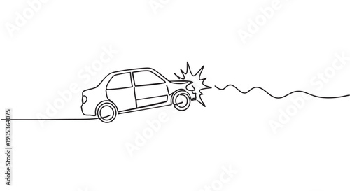 Continuous single line drawing of a car experiencing a front-end collision, depicted with a minimalist black outline and an impact burst