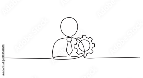 Continuous line drawing of a person wearing a tie next to a gear icon, symbolizing management, human resources, and operational processes in a minimalist style