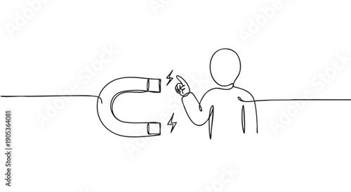 Minimalist line art illustration shows a person pointing towards a U-shaped magnet, with lightning bolts symbolizing attraction and influence between them