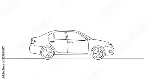 Minimalist continuous line drawing of a modern sedan car, depicted in a clean side profile view with flowing black lines, conveying simplicity and elegance