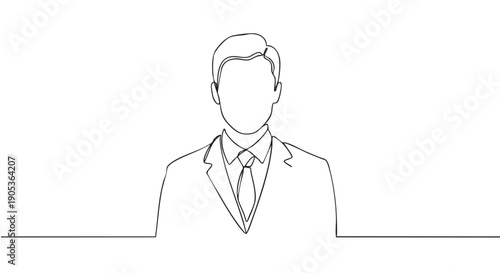 Minimalist continuous line drawing of a businessman wearing a formal suit and tie, depicted with an abstract, featureless face, conveying a professional and modern aesthetic