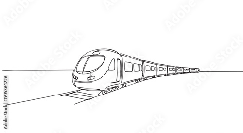 Sleek modern passenger train illustration with multiple carriages is depicted in a continuous single line art style, conveying movement and speed on a railway track