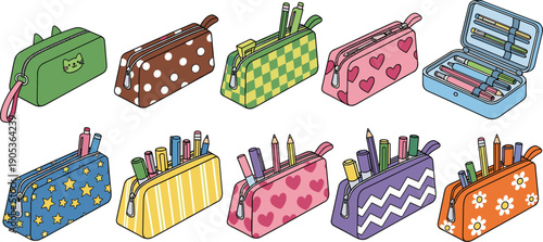 Cute pencil case and stationery pouch collection with colorful patterns and open organizer box isolated on white background cartoon vector illustration set
