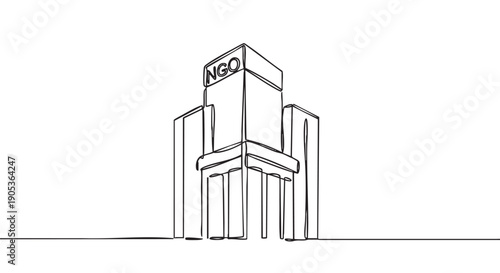 Minimalist continuous line drawing of a building with "NGO" text on its facade, rendered in a simple black and white graphic style, symbolizing non-profit organizations
