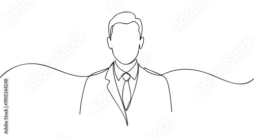 Minimalist continuous line drawing of a man in a business suit and tie, presented with a sleek, abstract, and modern artistic style