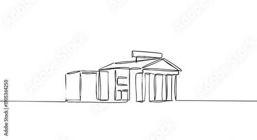 Minimalist continuous line drawing of a classical building with columns and a pediment, rendered in a simple, artistic black outline style