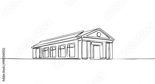 Single continuous line drawing of a classical building with prominent columns and a pediment, rendered in a minimalist artistic style