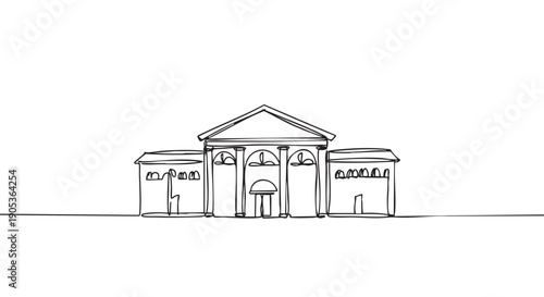 Continuous line drawing of a classical building facade, featuring a prominent pediment, columns, and arched windows, rendered in a minimalist artistic style