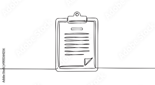 Minimalist continuous line art drawing of a clipboard holding a document with a checkmark, rendered in a clean, simple, and modern illustration style