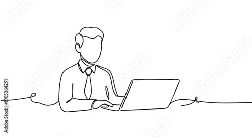 Continuous line drawing of a professional man wearing a shirt and tie, diligently working on his laptop with a focused and productive demeanor