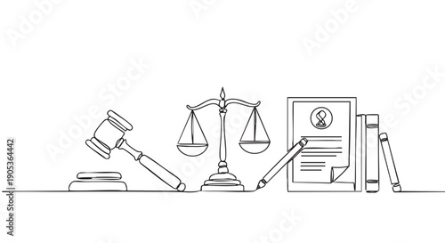 Continuous line drawing of legal symbols including a gavel, scales of justice, a document with a pen, and law books, rendered in a minimalist and clean artistic style
