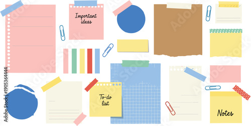 Cute stationery notes and memo paper collection with sticky pads clips and tape isolated on white background pastel cartoon vector illustration set