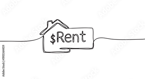 Continuous line drawing of a house with the word $Rent inside, presented in a minimalist black and white style, symbolizing housing expenses and property costs