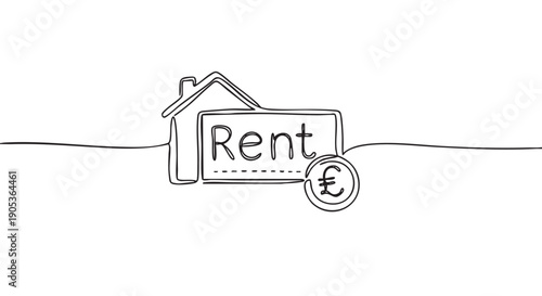 Continuous line drawing illustrates a house outline with the word 'Rent' and a Pound Sterling currency symbol, representing property rental concepts in a minimalist style