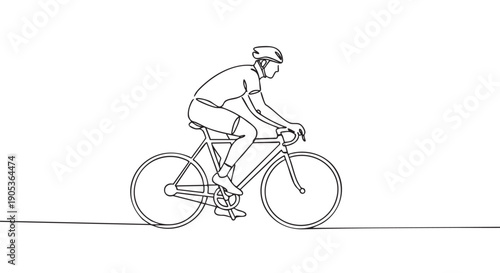 Continuous line drawing of a cyclist riding a road bicycle, wearing a helmet and cycling gear, depicted in a minimalist side profile view with dynamic motion