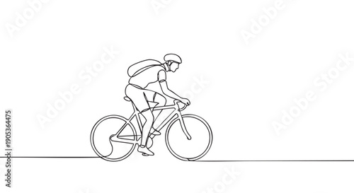 Continuous line drawing of a cyclist wearing a helmet and backpack, actively pedaling a bicycle in a dynamic side profile view, rendered with a minimalist aesthetic