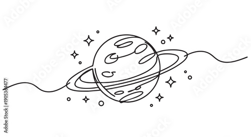 Minimalist line art drawing of a ringed planet, surrounded by tiny stars and dots, connected by a flowing wavy line in a clean, modern style