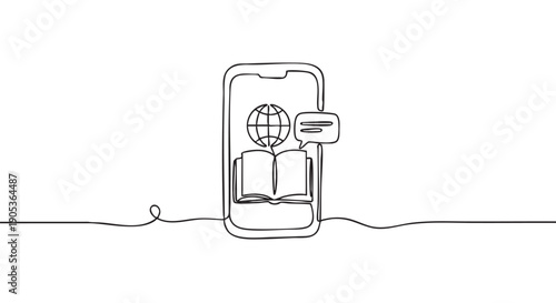 Continuous line drawing of a smartphone displaying an open book, a globe, and a speech bubble, symbolizing global online education and communication with a minimalist aesthetic