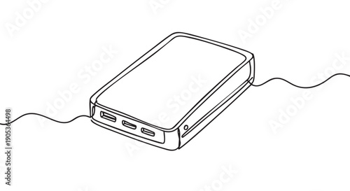 Minimalist line art portable power bank is depicted with multiple USB ports and a power button, illustrated in a continuous single line drawing style