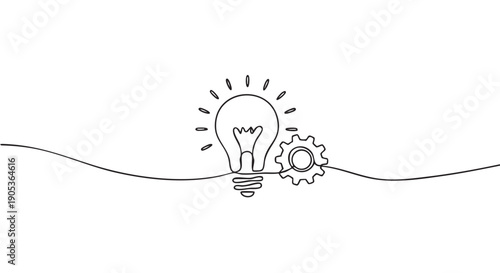 Continuous line drawing of a light bulb and a gear, symbolizing innovation, problem-solving, and mechanical processes in a minimalist, abstract style