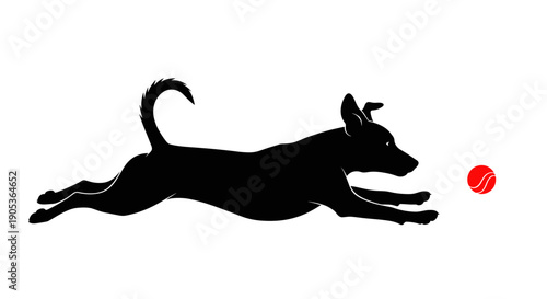 Silhouette of a black dog chasing a red ball.