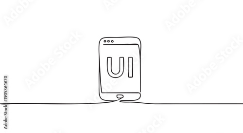 Minimalist continuous line drawing of a smartphone displaying the letters "UI" on its screen, symbolizing user interface design and digital interaction