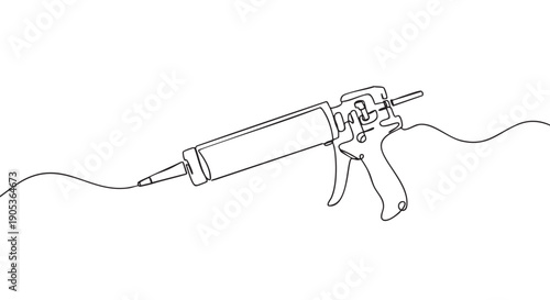 Continuous line art caulk gun, a construction tool, is depicted in a minimalist black and white illustration style, showcasing its simple form
