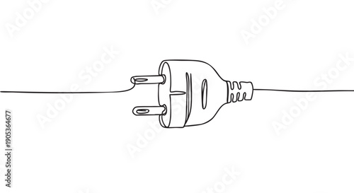Continuous line drawing of an electrical plug with two pins and a cord, symbolizing connection, power, and energy in a minimalist art style