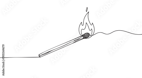 Single continuous line drawing of a burning matchstick with a stylized flame, depicted in a minimalist and fluid artistic style, conveying warmth and ignition