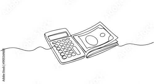Continuous line drawing of a calculator and a stack of money, symbolizing financial planning, budgeting, and economic management with a minimalist aesthetic
